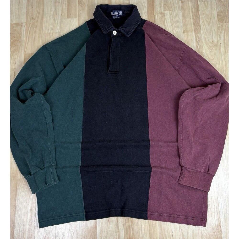 Vintage 90s Long Sleeve Polo Shirt / Color Block / Size Large - Picture 2 of 6